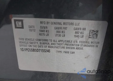 2013 Chevrolet Cruze 1Lt Auto из США, поврежденный, VIN 1G1PC5SB5D7155246